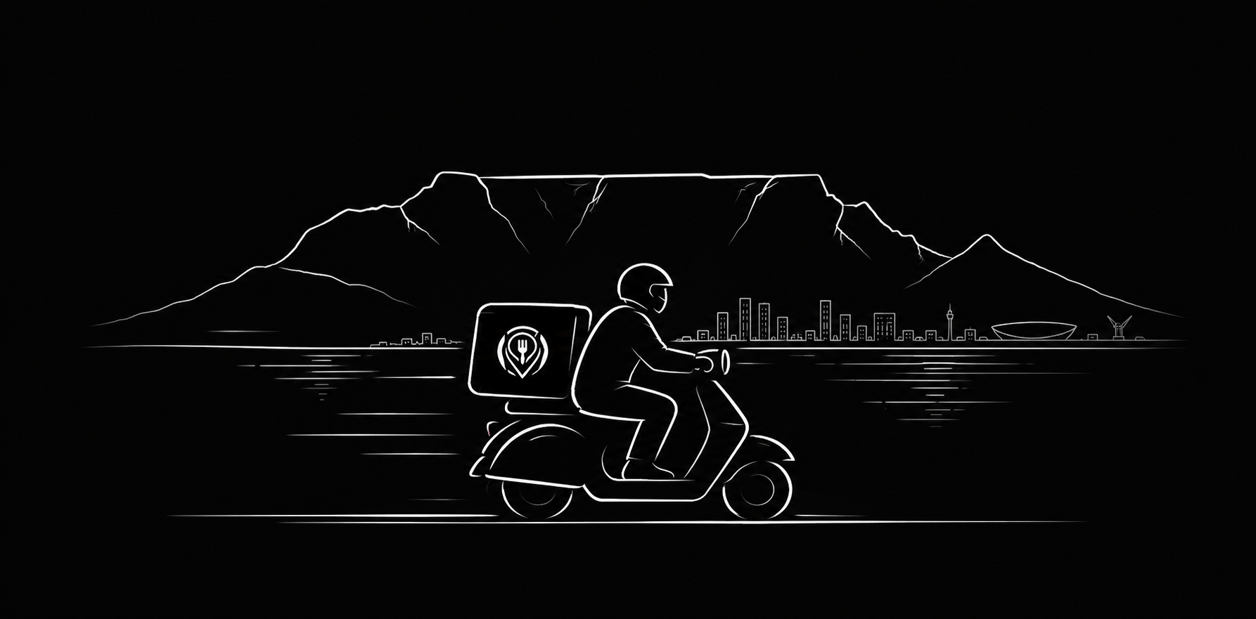 Chow delivery rider travelling in front of Table Mountain and Cape Town's waterfront